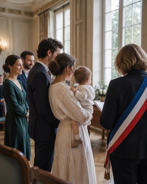 Famille avec son bébé devant l’élue ceinte de son écharpe tricolore, pendant un baptême civil en mairie