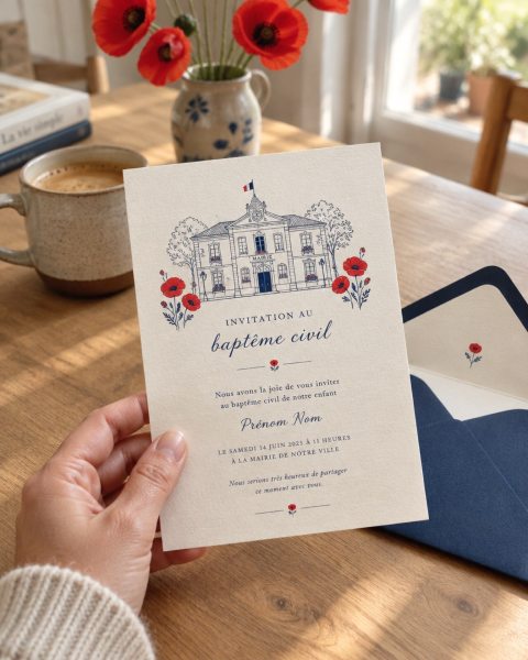 Faire-part d’invitation à un baptême civil illustré d’une mairie et de coquelicots