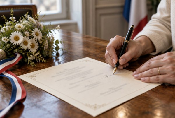 Signature du certificat de parrainage civil sur une table de mairie, avec un bouquet de marguerites et une écharpe tricolore